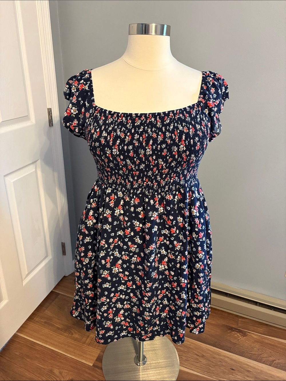torrid Navy Floral Smocked Short-Sleeve Dress
